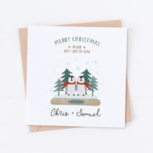 Personalised Son + Son-in-Law Christmas Card, Son + Boyfriend, Son + Girlfriend, Son + Daughter-in-Law, Snowglobe Penguin Christmas Card