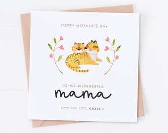 Personalised Mum and Baby Tiger Mother's Day Card, Happy Mother's Day, Mummy Card, Mama Card, Grandma Card, Nana Card, Gift for Mum