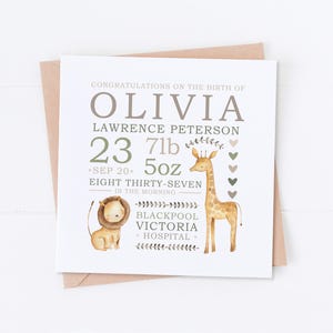 Carte de naissance personnalisée Safari verte, carte de félicitations, bienvenue dans le monde, carte de nouveaux parents, carte de bébé garçon, carte de bébé fille