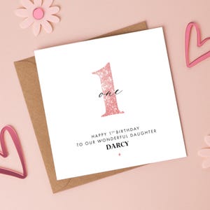 Carte d'anniversaire personnalisée à paillettes roses, tout âge/plusieurs couleurs disponibles, fille 2e, nièce 3e, soeur 4e, petite-fille 5e