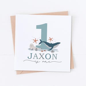 Carte personnalisée 1er anniversaire de baleine, anniversaire sous la mer, carte de vie marine, premier anniversaire, anniversaire d'enfants, carte de fille, carte de fils