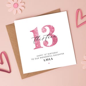 Carte de paillettes rose pour 13e anniversaire, tout âge/plus de couleurs disponibles, 15e fille, 12e nièce, 14e soeur, petite-fille 16e