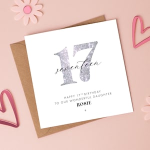 Carte d'anniversaire argentée pour 17e anniversaire, tout âge/plus de couleurs disponibles, fille 18e, nièce 17e, soeur 19e, petite-fille douce 16e