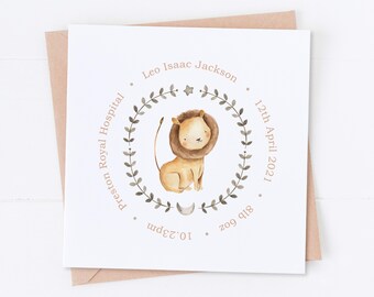 Personalised Lion Safari New Baby Card, Congratulations Card, Welcome to the World, New Parents Card, Baby Boy Card, Baby Girl Card, Newborn