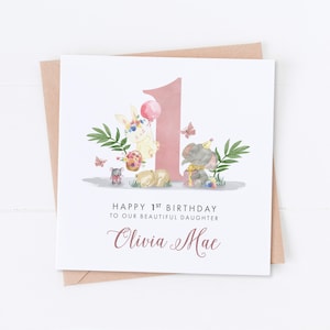 Carte personnalisée 1er anniversaire fille, 2e et 3e anniversaire, carte d'anniversaire animaux mignons, anniversaire petite fille, anniversaire nièce, spécial fille