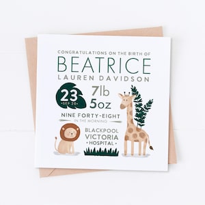 Carte personnalisée nouveau bébé Safari jungle, détails bébé, carte de félicitations, bienvenue dans le monde, carte de bébé garçon, carte de bébé fille, nouveau-né