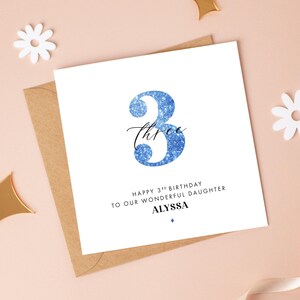 Carte d'anniversaire personnalisée 3e paillettes bleues, tout âge/plus de couleurs disponibles, fille 2e, 1er nièce, soeur 4e, petite-fille 5e