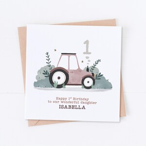 Carte personnalisée 1er anniversaire de tracteur rose, anniversaire à la ferme, premier anniversaire, anniversaire d'enfant, anniversaire d'enfant, carte fille, carte fils