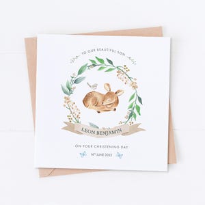 Carte de baptême personnalisée cerf bleu, carte de baptême garçon, carte de baptême de fils, animaux de la forêt