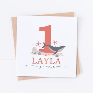 Carte personnalisée 1er anniversaire Sea Life, anniversaire sous la mer, carte baleine, premier anniversaire, anniversaire d'enfant, carte fille, carte fils