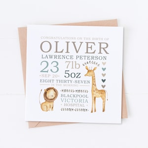 Carte personnalisée Safari bleue pour nouveau bébé, carte de félicitations, bienvenue dans le monde, carte de nouveaux parents, carte de bébé garçon, carte de bébé fille, nouveau-né