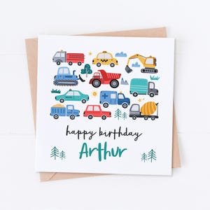 Carte d'anniversaire de véhicules personnalisée, Anniversaire de transport, Anniversaire de fils, Carte de fille, Anniversaire de petit fils, Digger, Camion de pompiers, Bulldozer