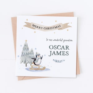 Personalised Grandson Christmas Card, Baby's First Christmas, Penguin Christmas, Son Card, Grandson Card, Merry Christmas, Nephew Card