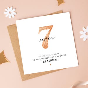 Carte d'anniversaire personnalisée pour le 7e anniversaire de paillettes orange, tout âge/plus de couleurs disponibles, 10e fille, nièce 9, soeur 6e, petite-fille 8e