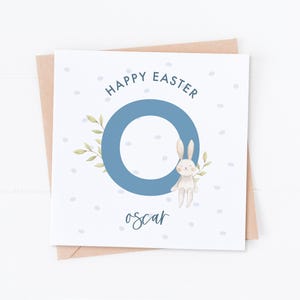 Carte initiale bleue personnalisée Joyeuses Pâques, lapin de Pâques, première Pâques, carte fille, carte fils