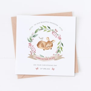 Carte de baptême personnalisée cerf rose, carte de baptême fille, carte de baptême fille, animaux de la forêt