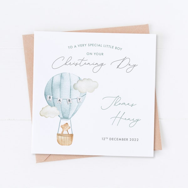Personalised Blue Balloon Christening Card, Boy Christening Card, Son Christening Card, Forest Animals, Bear, Hot Air Balloon