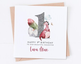 Personalised Girl Dinosaur 1st Birthday Card, Dinosaur Birthday, First Birthday, Kids Birthday, Children's Birthday, Daughter Card, Son Card