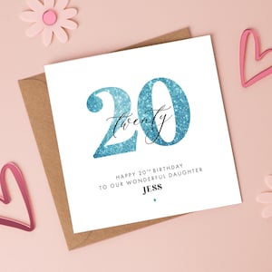 Carte d'anniversaire avec fausses paillettes 20 ans, tout âge/plus de couleurs disponibles, fille de 21 ans, nièce de 25 ans, soeur de 19 ans, petite-fille de 30 ans