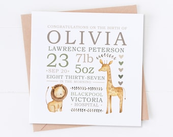 Personalised Green Safari New Baby Card, Congratulations Card, Welcome to the World, New Parents Card, Baby Boy Card, Baby Girl Card