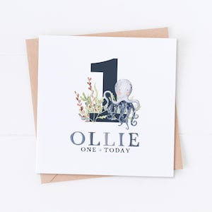 Carte personnalisée 1er anniversaire de pieuvre bleue, anniversaire sous la mer, carte baleine, premier anniversaire, anniversaire d'enfants, carte fille, carte fils