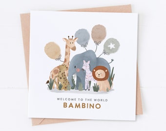 Safari New Baby Card, Welcome Bambino, Congratulations Card, Welcome to the World, Baby Boy Card, Baby Girl Card, Newborn Card