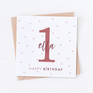 Carte 1er anniversaire personnalisée rose, premier anniversaire, carte d'âge, carte à pois, anniversaire d'enfant, anniversaire d'enfant, carte fille, carte fils