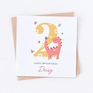 Carte personnalisée de 2e anniversaire de dinosaure rose, anniversaire de dinosaure, 1er et 3e anniversaire, anniversaire d'enfant, anniversaire d'enfant, carte fille, carte fils