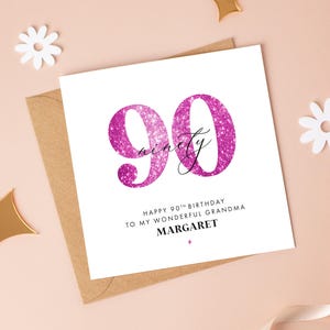 Carte d'anniversaire scintillante rose 90e, tout âge/plus de couleurs disponibles, 100e arrière-grand-mère, 85e maman, 80e soeur, 95e grand-mère