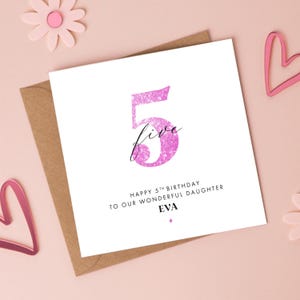 Carte d'anniversaire personnalisée pour 5e anniversaire de paillettes roses, tout âge/plus de couleurs disponibles, fille 4e, nièce 6e, soeur 7e, petite-fille 8e