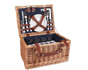 Deluxe 4 Person Traditional Wicker picnic basket Wicker Hamper - Premium Set with Plates, Glasses, Flatware, Blue Picnic blanket and Napkins
