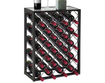 32 Bottle Iron Display Wine Rack with Glass Table Top, Ideal for wine storage, Floor Standing Metal & Glass  Wine Stand, Wine Cabinet.