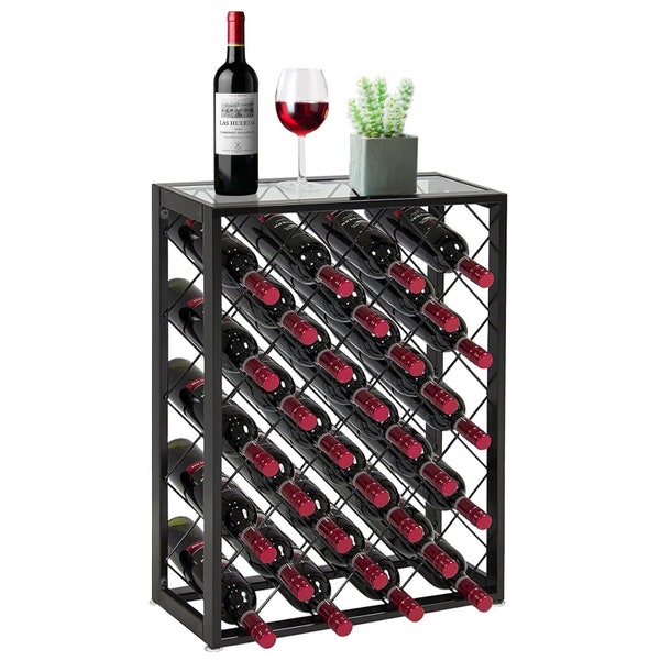 32 Bottle Iron Display Wine Rack with Glass Table Top, Ideal for wine storage, Floor Standing Metal & Glass  Wine Stand, Wine Cabinet.