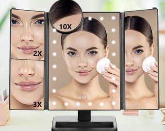 Tabletop Tri-Fold Makeup Mirror, 1X/2X/3X/10X Vanity Mirror, LED Light Cosmetic Mirror, Battery or USB Powered, Touchscreen Switch, 2 colors