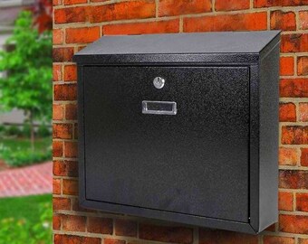 Classic Wall Mounted Mailbox, Lockable Steel Post Box, Letter Box with Cover, Outdoor Black Mail Box, Universal, Essentials, Solid