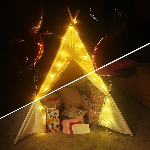 Teepee Tent with LED Fairy Lights, Portable Foldable Children’s Play Tent, Cotton Canvas Cone Children’s Playhouse