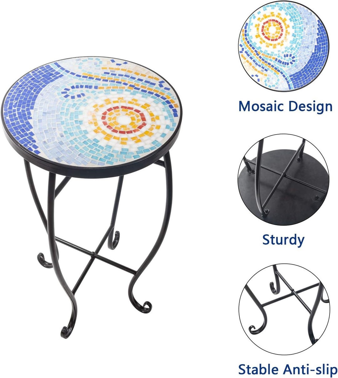 Mosaic Round Outdoor Accent Table Plant Flower Stand Round Etsy