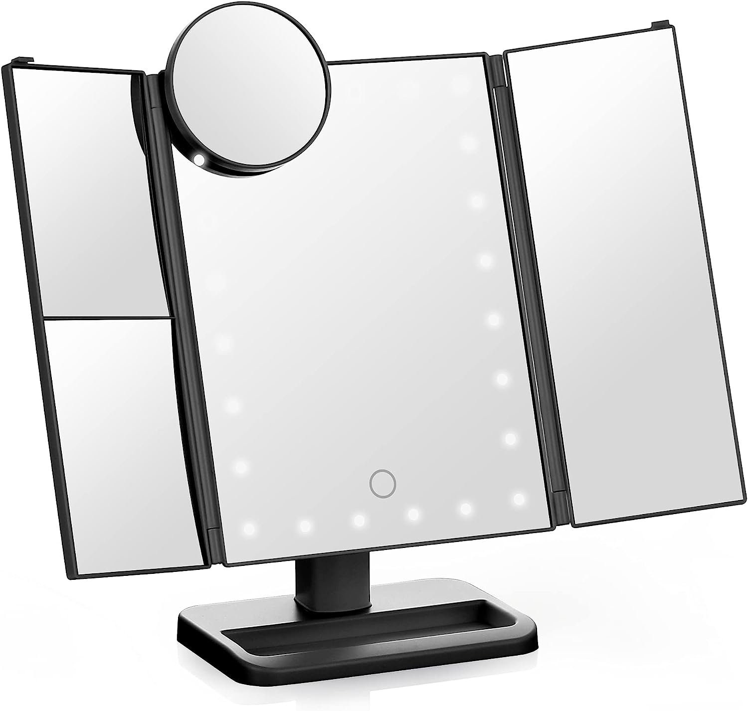 Tabletop Trifold Makeup Mirror, 1X/2X/3X/10X Vanity Mirror, LED Light