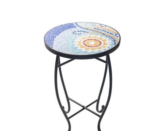 Mosaic Design Round Outdoor Accent Table, Plant Flower Stand, Round Side Table with （Sun） Pattern