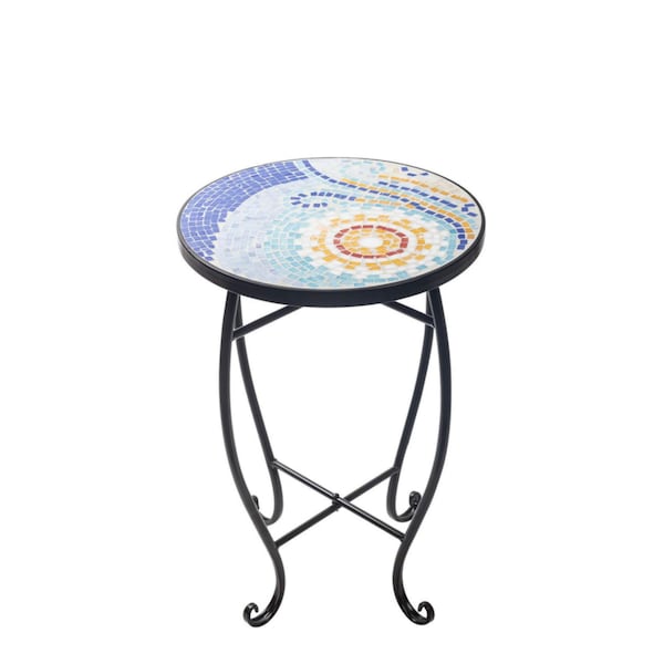 Table d'appoint d'extérieur ronde en mosaïque, support de fleurs pour plantes, table d'appoint ronde avec motif « soleil »