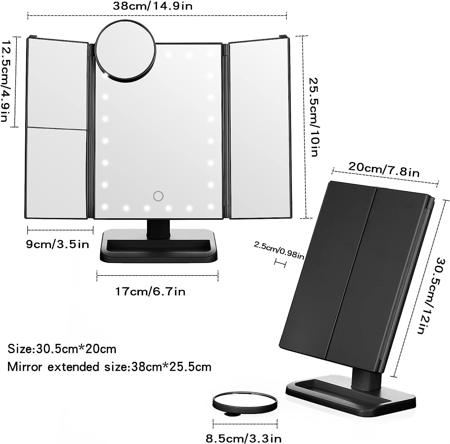 Tabletop Trifold Makeup Mirror, 1X/2X/3X/10X Vanity Mirror, LED Light