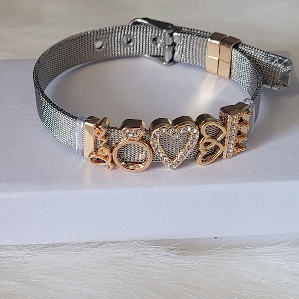 LOVE Stainless Steel Mesh Bracelet with Slide Charms