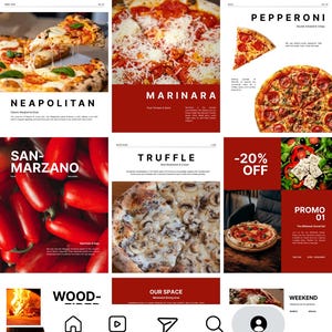 May include: A digital menu interface featuring various pizza options including Neapolitan, Marinara, Pepperoni, and Truffle. The layout displays high-resolution food photography, red and white color blocks, and text descriptions for each pizza variety.