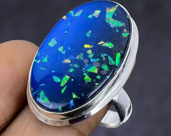 Genuine Blue Triplet Opal Ring, Oval Gemstone Ring, 925 Sterling Silver Jewelry, Blue Color Ring, Wedding Gift For Bridal