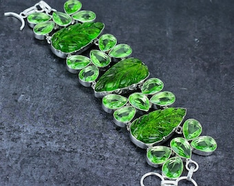 Leaf Carving Peridot Bracelet, Faceted Tsavorite Gemstone Bracelet, 925 Sterling Silver Chain Bracelet, Women Bracelet Gift For Festivals