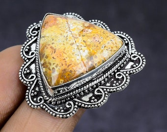 Incredibile anello di corallo fossile naturale, pietre preziose fossili a forma di triangolo, anello di gioielli vintage in argento sterling 925, regalo di fidanzamento per la sposa