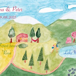 Hochzeit im Wald, Hochzeitskarte im Wald, Hochzeitskarte in Aquarell, Illustrierte Hochzeitskarte, Seehochzeitskarte
