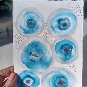 Pequena aquarela abstrata azul original e pintura a tinta, cartão pintado à mão, aquarela exclusiva, arte de parede moderna, círculos azuis