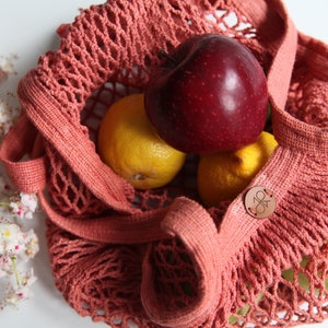 Cotton Mesh, Farmers Market Bag, Red Plant Dyed French Organic Cotton Crochet, OEKO, zero waste gift image 3