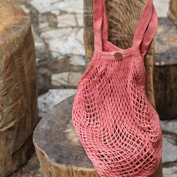 Cotton Mesh, Farmers Market Bag, Red Plant Dyed French Organic Cotton Crochet, OEKO, zero waste gift